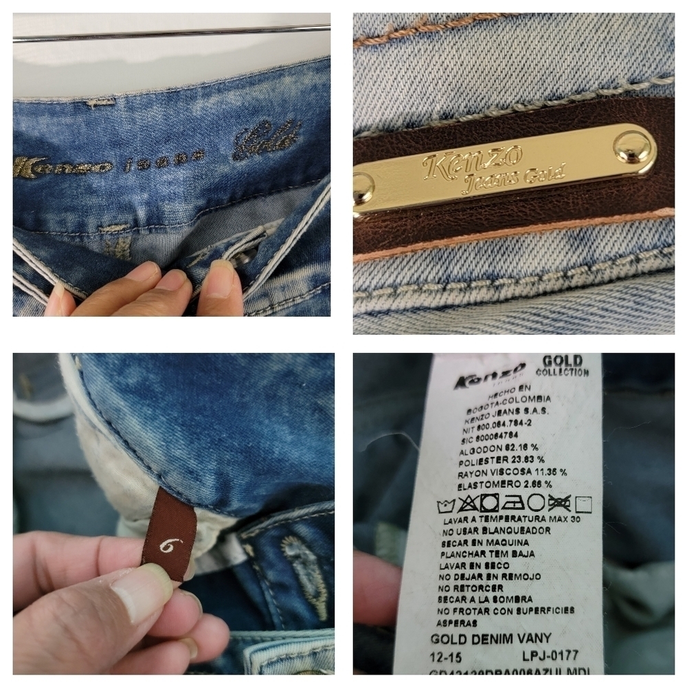 Kenzo GOLD DENIM VANY Skinny Mid-Rise Jeans Sz 6 Designer Beaded Gold Button - Picture 11 of 12